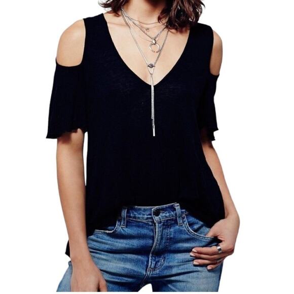 Free People Black V-Neck Rayon Linen Blend Bittersweet Cold Shoulder Top Sz XS - Picture 1 of 7